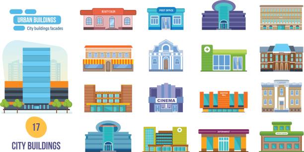 ilustrações, clipart, desenhos animados e ícones de prédios urbanos: salão de beleza, post, cinema, escola, hotel, loja, museu, biblioteca - facade street building exterior vector