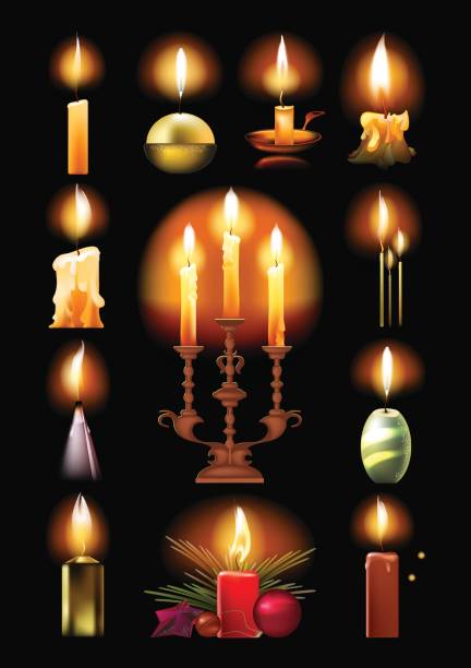 istock Set of burning candles: classic, in holder, on candlestick, Christmas 837351008