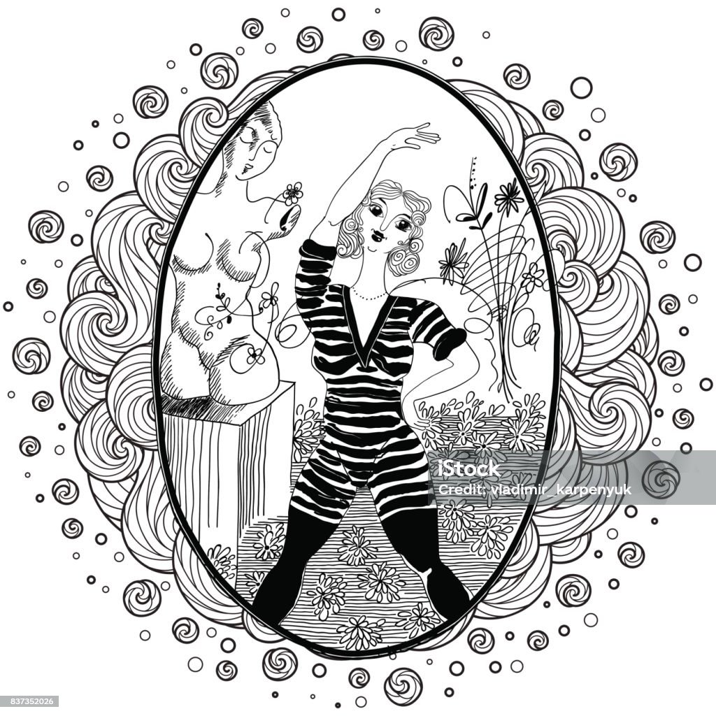 Pattern for coloring book for adult. Vintage girl doing morning exercises. Pattern for coloring book for adult. Vintage girl doing morning exercises. Set of illustrations. Active Lifestyle stock vector