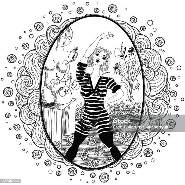 Pattern For Coloring Book For Adult Vintage Girl Doing Morning Exercises Stock Illustration - Download Image Now