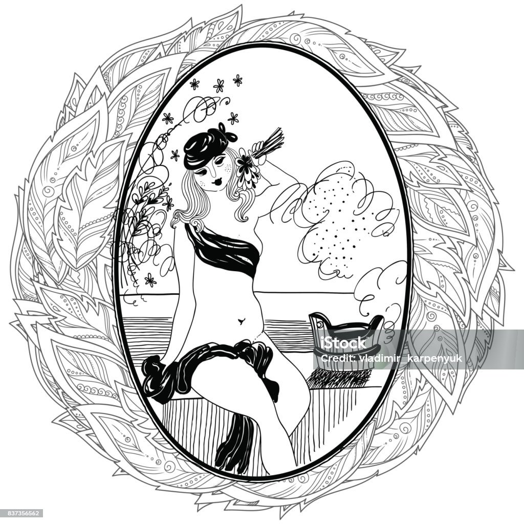 Pattern for coloring book for adult. Vintage girl in bathroom. Pattern for coloring book for adult. Vintage girl in bathroom. Set of illustrations. Adult stock vector