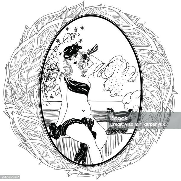 Pattern For Coloring Book For Adult Vintage Girl In Bathroom Stock Illustration - Download Image Now