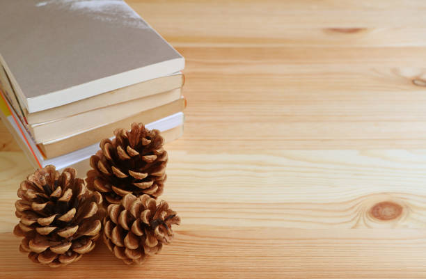 istock Three natural pine cones and stack of books on light brown wooden table, with free space for text and design 837356754