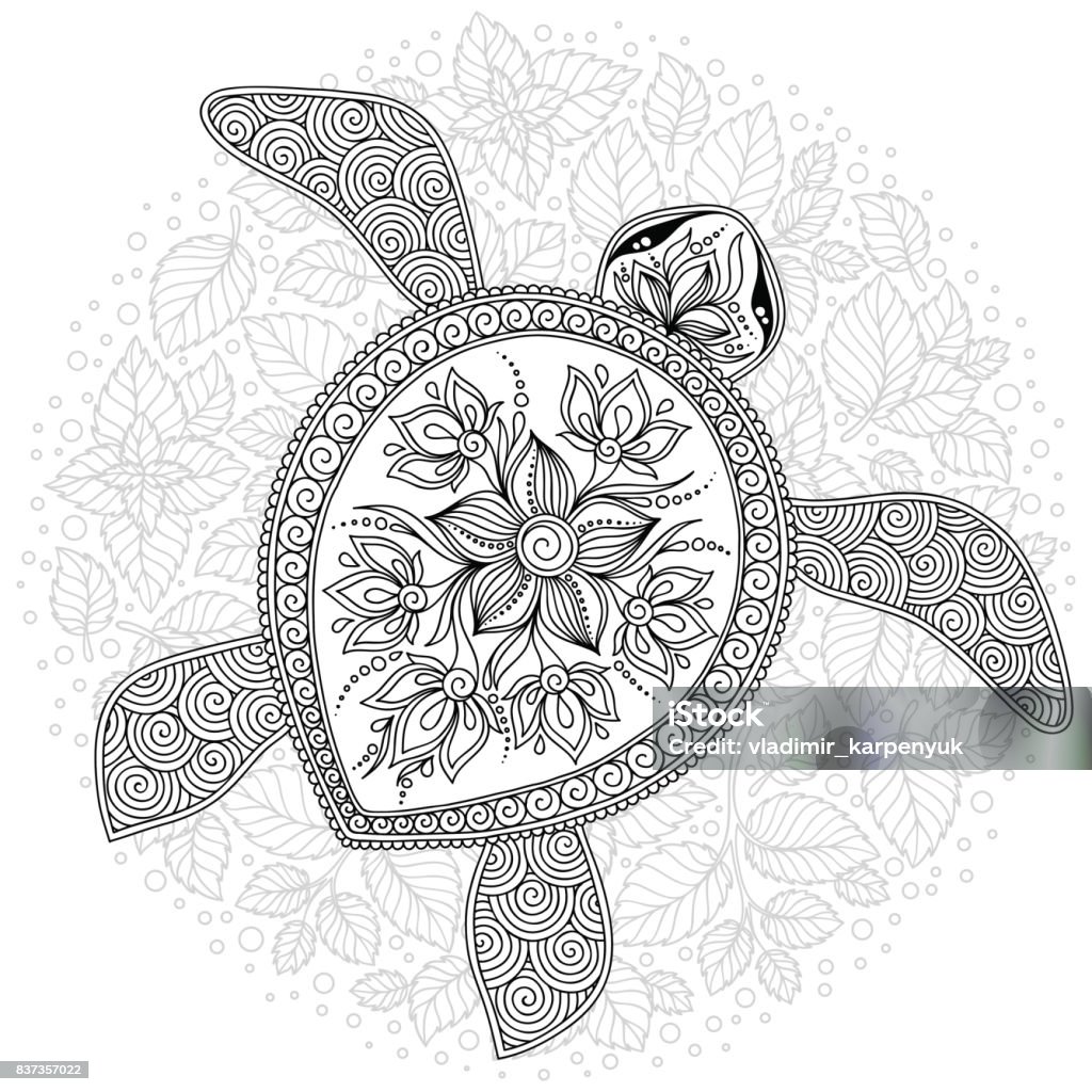Vector illustration of sea turtle for Coloring book pages doodle stylized cartoon turtle, isolated on white background. Hand drawn sketch for adult antistress coloring page, T-shirt emblem or tattoo with doodle, floral design elements. Abstract stock vector
