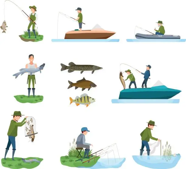 Vector illustration of Fisherman catches fish from shore, boat, shows catch, types fish