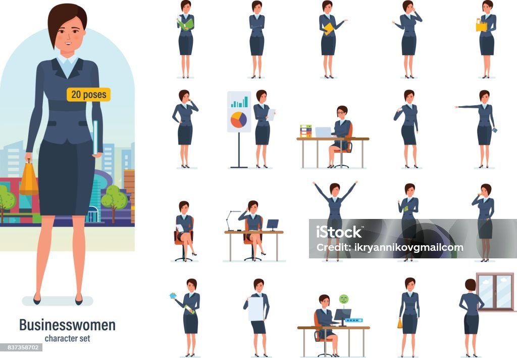 Businesswoman worker in formal wear. Different poses, emotions, gestures Set of character businesswoman in office work situations. Young clerk in formal wear. Different poses and emotions, gestures, actions, working. Illustration isolated in cartoon style front and rear view Cartoon stock vector