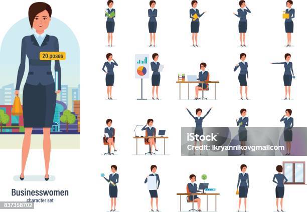 Businesswoman Worker In Formal Wear Different Poses Emotions Gestures Stock Illustration - Download Image Now