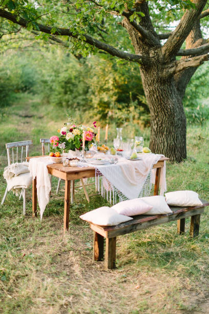 picnic, summer, holiday concept - festive table setting among large trees, openwork tablecloth, wood bench, chairs, colorful bouquet, jug of lemonade, fruit plates, candlesticks, selective focus picnic, summer, holiday concept - festive table setting among large trees, openwork tablecloth, wood bench, chairs, colorful bouquet, jug of lemonade, fruit plates, candlesticks, selective focus lemon soda photos stock pictures, royalty-free photos & images