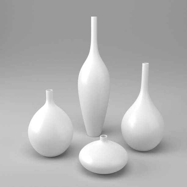 A 3D illustration of glass vases with flowers isolated on white background