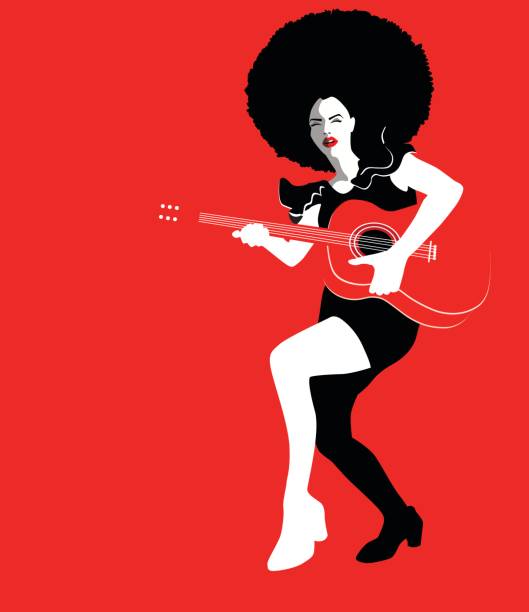 ilustraciones, imágenes clip art, dibujos animados e iconos de stock de joven hermosa mujer tocando la guitarra, ilustración de vectores vintage retro - guitar playing music human face