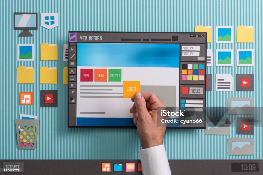 Web design software Web designer drafting web templates and web page layouts using a professional software, collage and paper cut composition Web Page Stock Photo