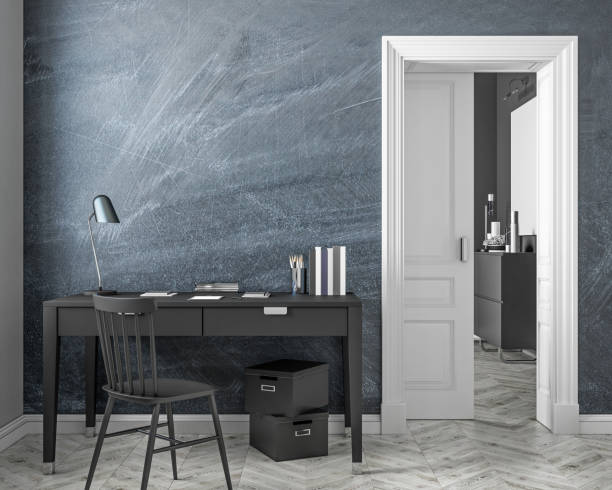 istock Classic style work place interior mock up with chalkboard wall, table, chair, door, white parquet floor. 3D render illustration. 837394118