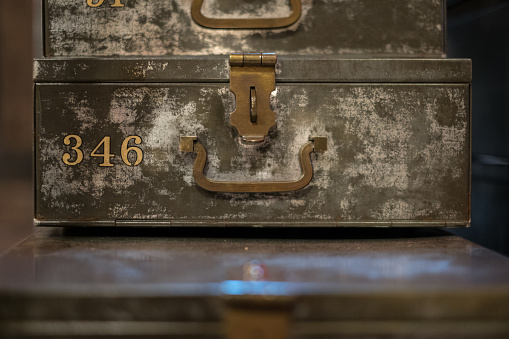 old metal lockbox, deposit box , vintage money case