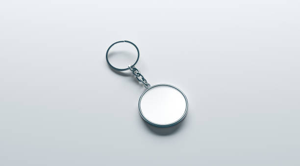 Blank metal round white key chain mock up isometric view