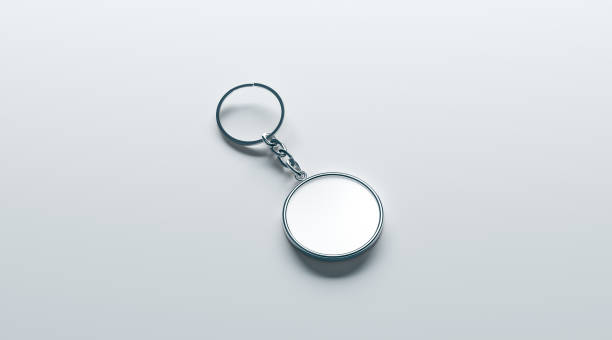 Blank metal round white key chain mock up isometric view Blank metal round white key chain mock up isometric view, 3d rendering. Clear silver circular keychain design mockup isolated. Empty plain keyring souvenir holder template. Steel circle trinket label mock turtleneck stock pictures, royalty-free photos & images