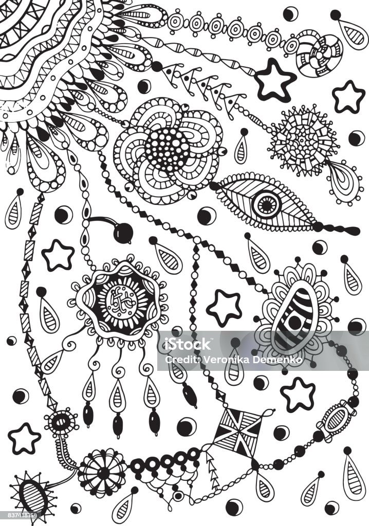 Dreamcatcher shamanic coloring page. Vector graphic art illustration for adult coloring books. Eye, stars, beads - tribal style Dreamcatcher shamanic coloring page. Vector graphic art illustration for adult coloring books. Eye, stars, beads - tribal style of indian magic accessories. Coloring Book Page - Illlustration Technique stock vector