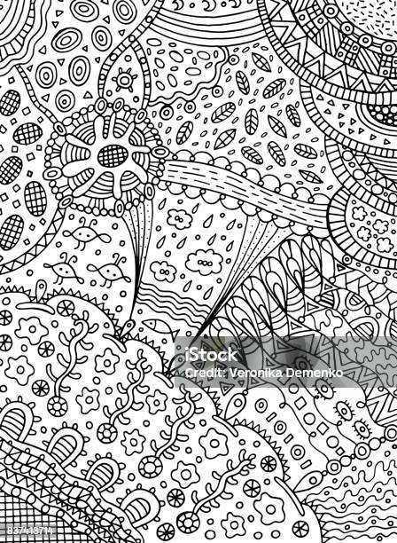 Coloring Page In Doodle Abstract Style Vector Art For Adult Coloring Book With Nature Elements Leaves Clouds Sea Sky Flowers Stock Illustration - Download Image Now