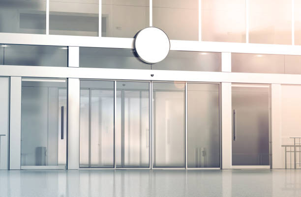 istock Blank white round signage mockup on the store 837421808