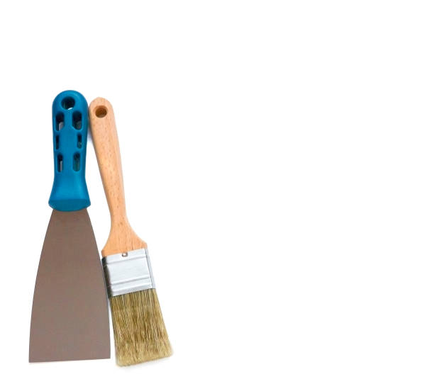 istock Metal spatula, trowel with plastic handle and paint brush on white background with copyspase 837426566