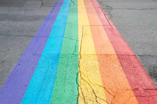 Gay pride flag crosswalk in Montreal gay village