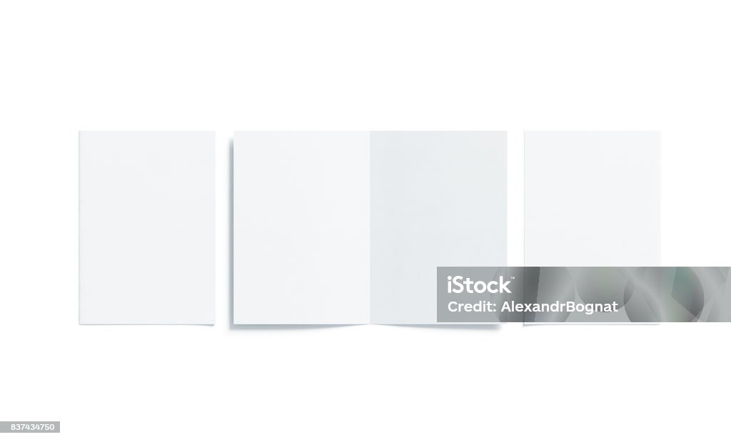 Blank white two folded a5 booklet mock up, opened closed Blank white two folded a5 booklet mock up, opened and closed, front and back side, top view, 3d rendering. Plain twofold brochures mockups set isolated. Book cover and flier inside, copy space. Template Stock Photo