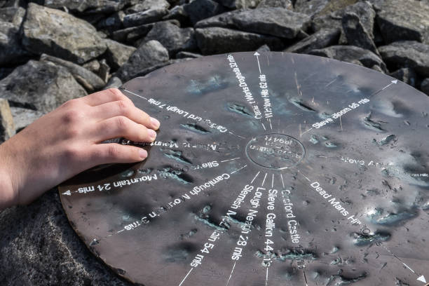 istock Summit marker on a mountain top, indicating other landmarks. 837439930