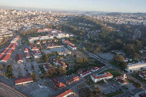 An aerial view of the former army buildings in The Presidio section of San Francisco, CA.