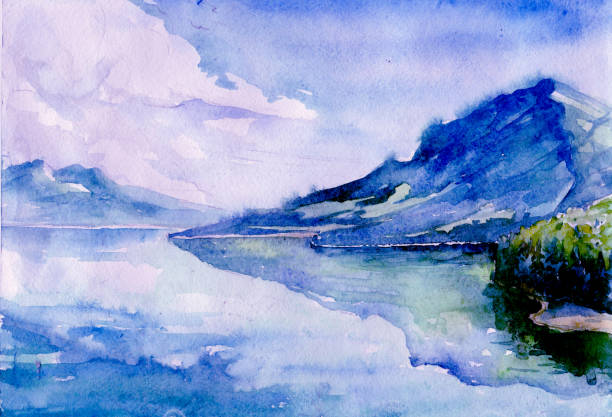 istock Watercolor river and mountains nature landscape  illustration 837457800