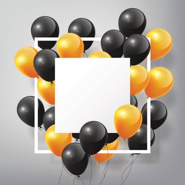 Flying black orange Balloons, square white blank frame, Halloween concept Flying Realistic Glossy black orange Balloons with square white blank and frame, Halloween concept on white background, vector illustration birthday birthday card greeting card cheerful stock illustrations