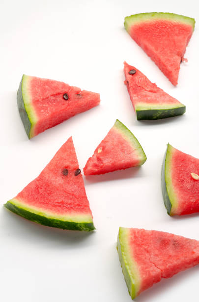 istock Pieces of watermelon on white background 837462436