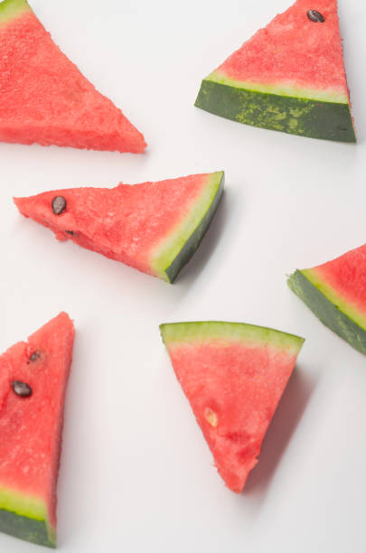 istock Pieces of watermelon on white background 837462608