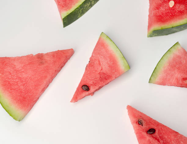 istock Pieces of watermelon on white background 837462666