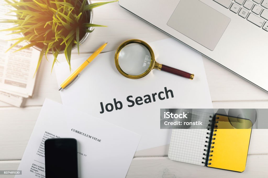 job search items on white table. top view Job Search Stock Photo