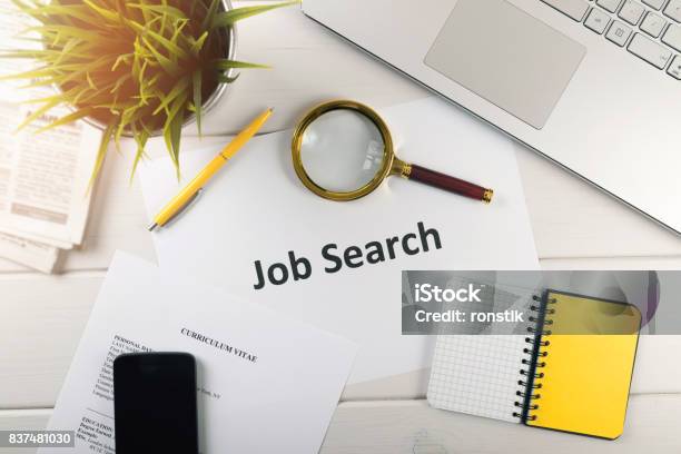 Job Search Items On White Table Top View Stock Photo - Download Image Now - Job Search, Résumé, White Color