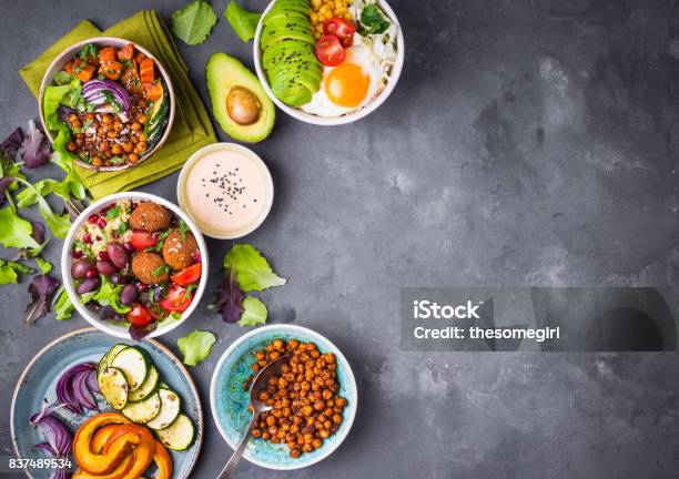 Buddha Bowl Salads Background Stock Photo - Download Image Now - Appetizer, Avocado, Baked