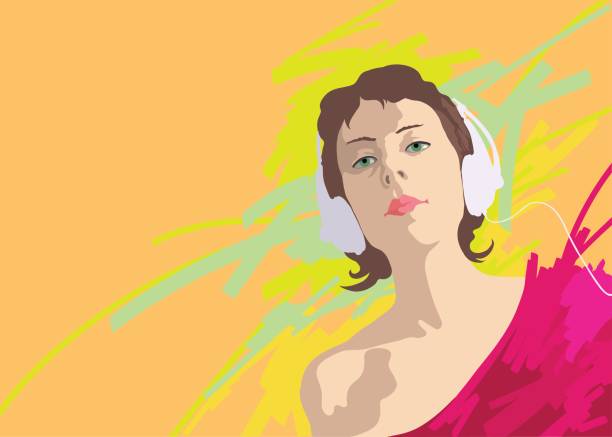 ilustraciones, imágenes clip art, dibujos animados e iconos de stock de ilustración de una muchacha joven en auriculares - romantic sky audio