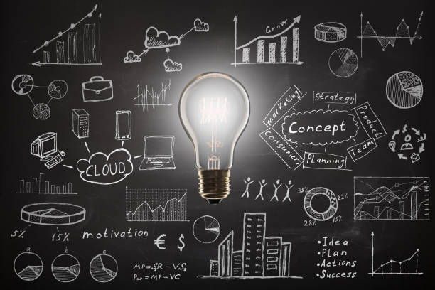 istock concept - sketch with schemes and graphs on chalkboard 837506482