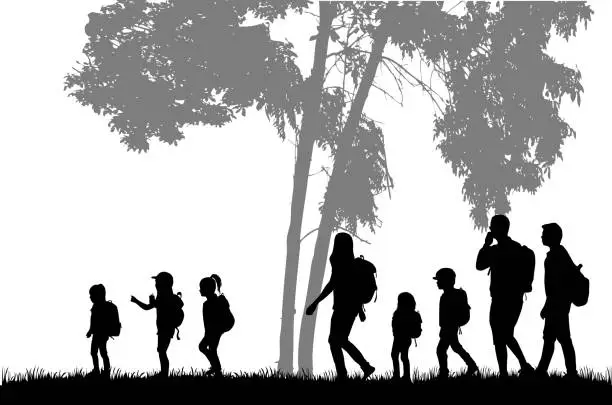 Vector illustration of Family reaching with backpacks on a trip.