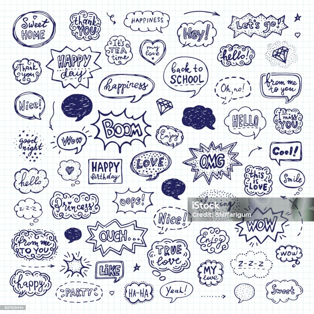 Hand drawn set of speech bubbles Hand drawn set of speech bubbles. Vector illustration over squared notebook sheet Doodle stock vector
