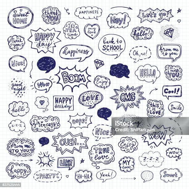 Hand Drawn Set Of Speech Bubbles Stock Illustration - Download Image Now - Doodle, Single Word, Speech Bubble