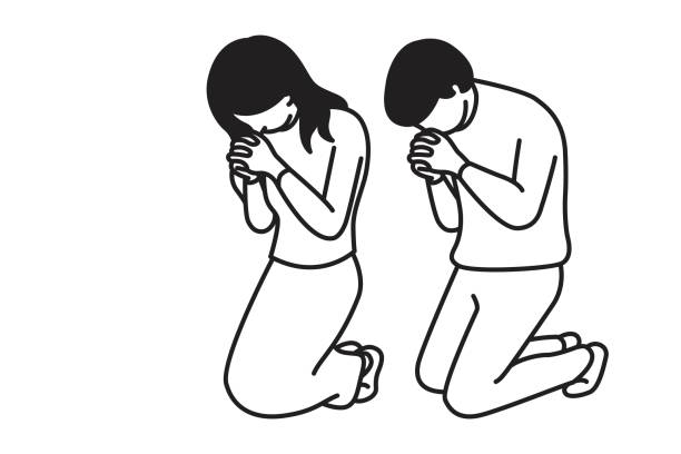 Couple man and woman kneeling down Vector illustration full length character of man and woman, kneeling down, holding hands, praying, making worship, religious concept. Outline, hand drawn sketch, line art, doodle, cartoon, simple design. drawing of a man kneeling in prayer stock illustrations