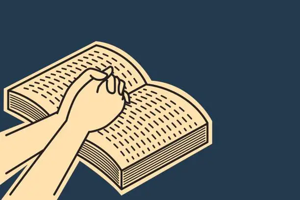 Vector illustration of Praying on open bible book