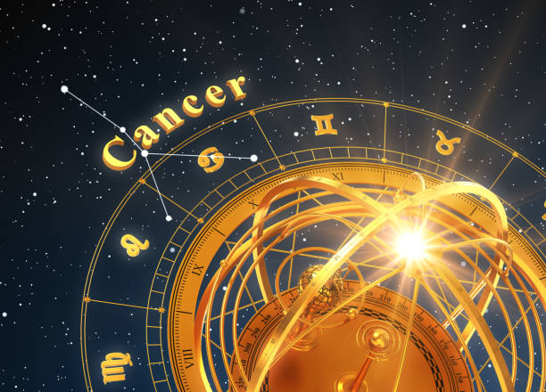 Zodiac Sign Cancer And Armillary Sphere On Blue Background. 3D Illustration.