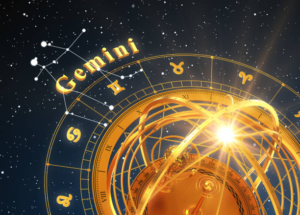 istock Zodiac Sign Gemini And Armillary Sphere On Blue Background 837546930
