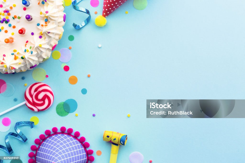 Birthday party background Colorful birthday party background with birthday cake and party hats Birthday Stock Photo