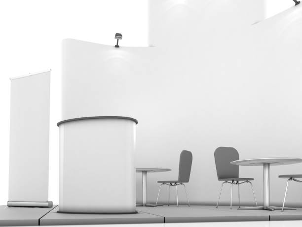 istock Blank creative exhibition stand design with color shapes. Booth template 01. 3D render 837549602