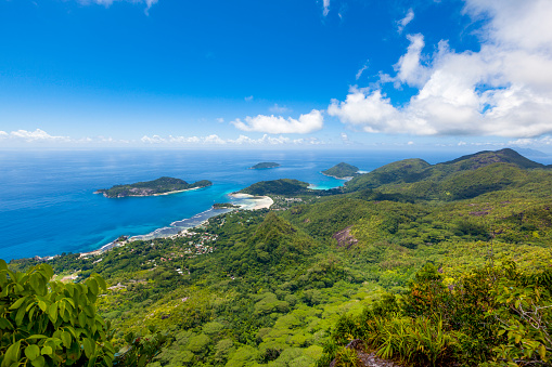 coastline view from above of mahe island, seychelles, africa.