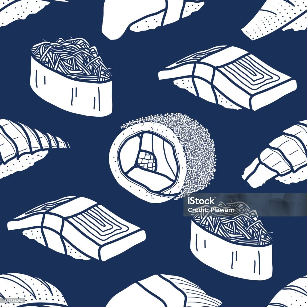 6 white silhouette sushi and roll on dark blue background. Cute Japanese food hand drawn style. Seamless pattern 6 white silhouette sushi and roll on dark blue background. Cute Japanese food illustration hand drawn style. Seamless pattern. Plate stock vector