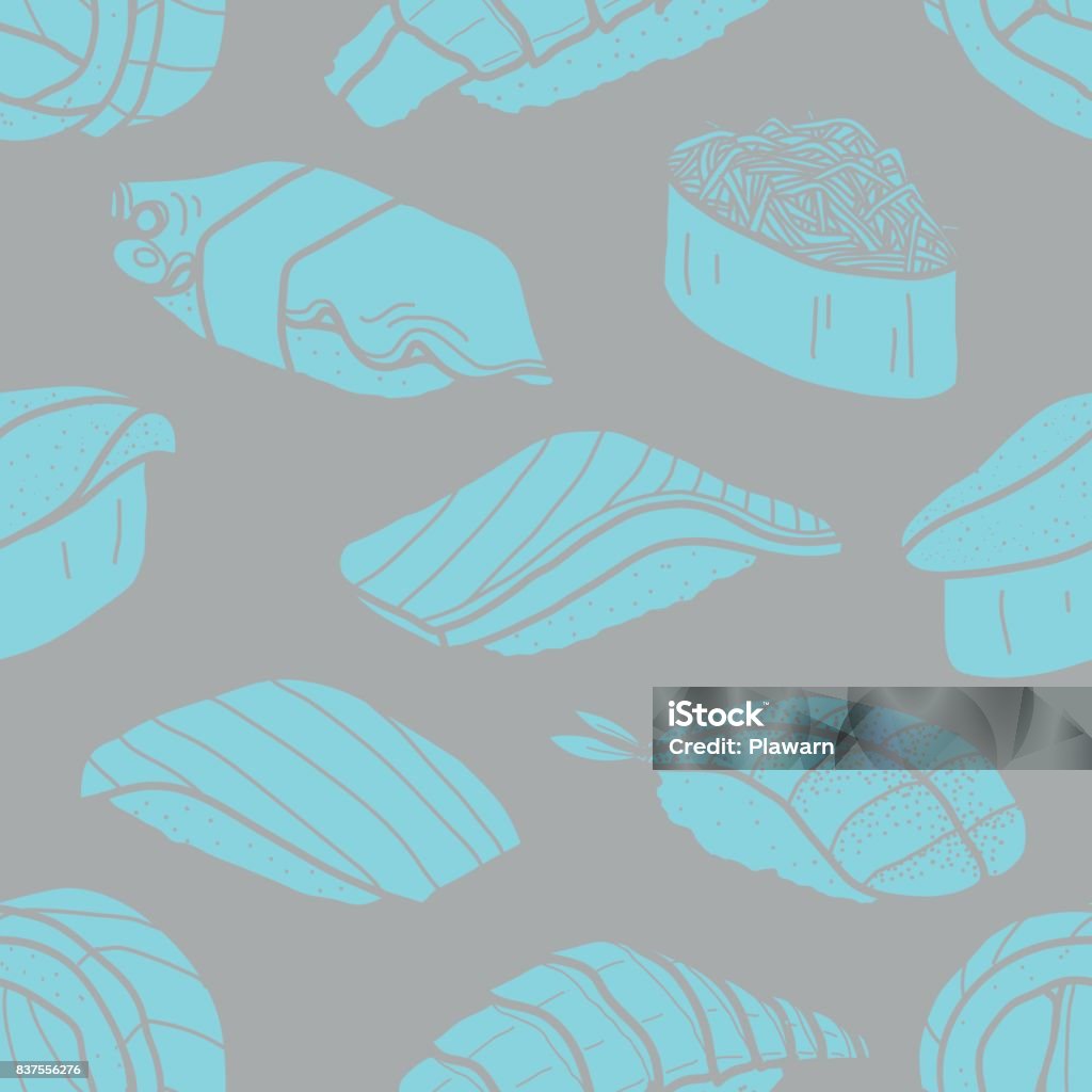 8 sushi in bright blue on grey background. Cute Japanese food hand drawn style. Seamless pattern. 8 sushi in bright blue on grey background. Cute Japanese food illustration hand drawn style. Seamless pattern. Backgrounds stock vector