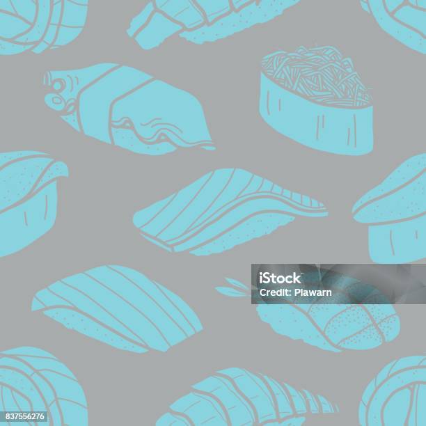 8 Sushi In Bright Blue On Grey Background Cute Japanese Food Hand Drawn Style Seamless Pattern Stock Illustration - Download Image Now